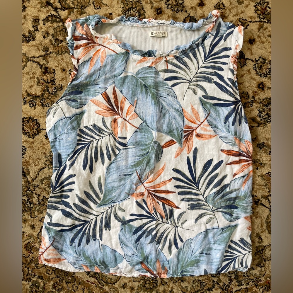 Spanner Women’s Size Medium Linen Floral Sleeveless Shirt Summer Vacation Beach